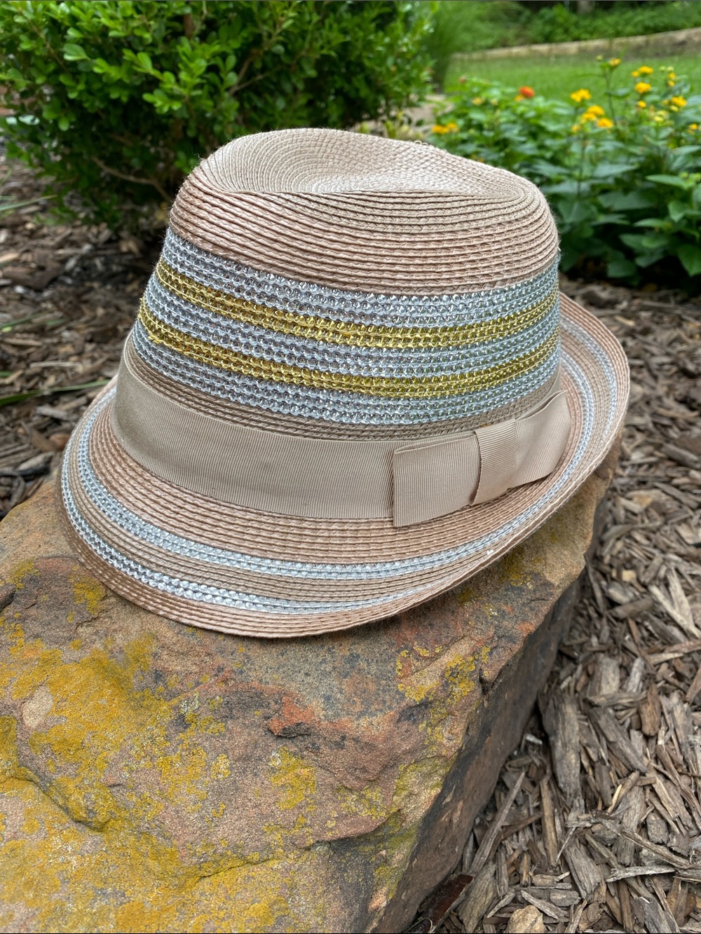 ETRO Panama Fedora Hat Gold, Silver & Tan Size 57